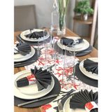 Desenİzmir Amerikan Servis Kırmızı Mercan Desen Takım 6 Supla, 6 Kumaş Peçete, 6 Peçete Halkası ve Runner Örtü Kombin 4 - 40 x 140 cm - Renkli