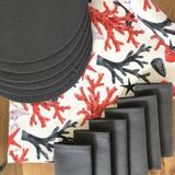 Desenİzmir Amerikan Servis Kırmızı Mercan Desen Takım 6 Supla, 6 Kumaş Peçete ve Runner Örtü Kombin 3 - 40 x 140 cm - Renkli