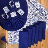 Desenİzmir Amerikan Servis Mavi Altıgen Desen Takım 6 Supla, 6 Kumaş Peçete, 6 Peçete Halkası ve Runner Örtü Kombin 3 - 40 x 140 cm - Renkli