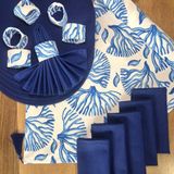 Desenİzmir Amerikan Servis Mavi Mercan Desen Takım 6 Supla, 6 Kumaş Peçete, 6 Peçete Halkası ve Runner Örtü Kombin 4 - 40 x 140 cm - Renkli