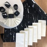 Desenizmir Amerikan Servis Siyah Mermer Desen Takım 6 Supla, 6 Kumaş Peçete, 6 Peçete Halkası ve Runner Örtü Kombin 4 - 40 x 140 cm - Renkli