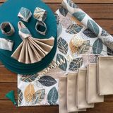 Desenizmir Amerikan Servis Soft Yapraklar Desen Takım 6 Supla, 6 Kumaş Peçete, 6 Peçete Halkası ve Runner Örtü Kombin 2 - Renkli - 40 x 140 cm