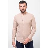 Desenli Bej Rengi Slim Fit Hakim Yaka Uzun Kollu Keten Erkek Gömlek - XL