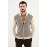 Desenli Bej Slim Fit Hakim Yaka Yün Erkek Hırka