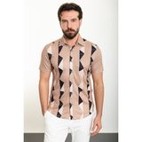 Desenli Bej Slim Fit Kısa Kollu Erkek Gömlek - 2XL