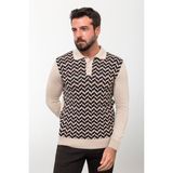 Desenli Bej Slim Fit Polo Yaka Erkek Triko Kazak - XL