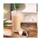 Desenli Borosilikat Cam Bardak, 550ML, Kapaklı ve Pipetli, Soğuk Içecekler Için