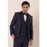 Desenli Çıkarılabilir Şal Yaka Yelekli 6 Drop Slim Fit Smokin Damatlık Takım 1001230203 Koyu Lacivert