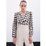 Desenli Crop Bluz - Bej