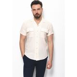 Desenli Ekru Rengi Slim Fit Kısa Kollu Apaç Yaka Erkek Gömlek