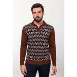 Desenli Fındık Rengi Slim Fit Polo Yaka Erkek Triko Kazak
