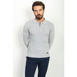 Desenli Gri Renk Slim Fit Polo Yaka Erkek Kazak - Açık Gri