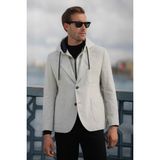 Desenli Gri Slim Fit Çıkarılabilir Kapüşonlu Yün Erkek Ceket - 46