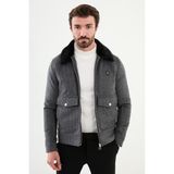 Desenli Gri Slim Fit Torba Cep Kürklü Yaka Yün Erkek Mont - 54