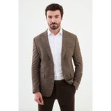 Desenli Kahverengi Slim Fit Mono Yaka Klasik Yün Erkek Ceket - 50