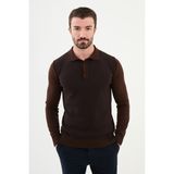 Desenli Kahverengi Slim Fit Polo Yaka Erkek Triko Kazak