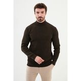 Desenli Kahverengi Slim Fit Yarım Balıkçı Yaka Erkek Triko Kazak