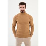 Desenli Kamel Rengi Slim Fit Tam Balıkçı Yaka Erkek Triko Kazak - XL