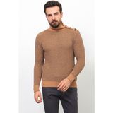Desenli Kamel Rengi Slim Fit Tam Balıkçı Yaka Yün Erkek Kazak - 2XL