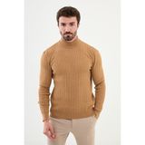 Desenli Kamel Rengi Slim Fit Yarım Balıkçı Yaka Erkek Triko Kazak