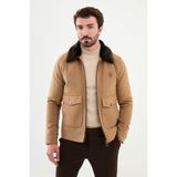 Desenli Kamel Slim Fit Torba Cep Kürklü Yaka Yün Erkek Mont - 48