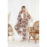 Desenli Kimono Hırkalı 2li Alt Üst Takım Bürümcük Kumaş Yazlık 2xl-6xl Oversize - Kahverengi
