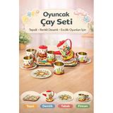 Desenli Metal Çay Seti 14 Parça Oyuncak Evcilik Seti