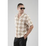 Desenli Oversize Kalıp Kafes Kumaş Erkek Gömlek - Bej - XL
