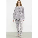 Desenli Oversize Polar Pijama Takım - Gri