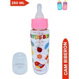 Desenli Pembe Cam Biberon 250 Ml, Şık ve Sağlıklı Bebek Için Uygun - Ahşap - Bej