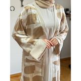 Desenli Saten 2'li Abaya 1875 Navra | Fendel - Bej - 46