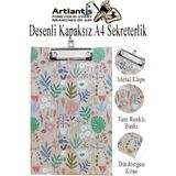 Desenli Sekreterlik Kapaksız A4 1 Adet Renkli Desenli A4 Kapaksız Sekreterlik Klipsli Metal Mekanizmalı 80 Yaprak Kapasiteli - Lila