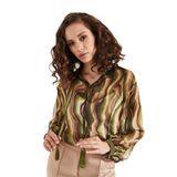 Desenli Şık Kadın Bluz - Yakası Bağlamalı Püsküllü - Modern Tasarım - Günlük ve Özel Davetler için Bluz, Yeşil, 44