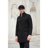Desenli Siyah Slim Fit Çarpraz Fermuarlı Geniş Yaka Yün Erkek Kaban - 48