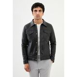 Desenli Siyah Slim Fit Gömlek Yaka Suni Deri Erkek Mont - 56