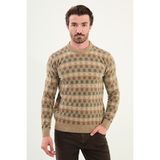 Desenli Slim Fit Bisiklet Yaka Şönil Kumaş Erkek Triko Kazak - Bej