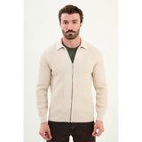 Desenli Slim Fit Fermuarlı Gömlek Yaka Pamuk Erkek Triko Ceket - Bej