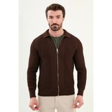 Desenli Slim Fit Fermuarlı Gömlek Yaka Pamuk Erkek Triko Ceket - Kahverengi - 2XL