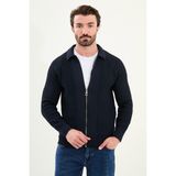 Desenli Slim Fit Fermuarlı Gömlek Yaka Pamuk Erkek Triko Ceket - Lacivert - 2XL