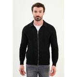 Desenli Slim Fit Fermuarlı Gömlek Yaka Pamuk Erkek Triko Ceket - Siyah - XL