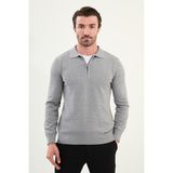 Desenli Slim Fit Fermuarlı Polo Yaka Erkek Triko Kazak - Açık Gri - 2XL
