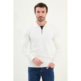 Desenli Slim Fit Fermuarlı Polo Yaka Erkek Triko Kazak - Ekru