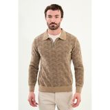 Desenli Slim Fit Fermuarlı Polo Yaka Şönil Kumaş Erkek Triko Kazak - Bej - 2XL