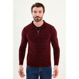 Desenli Slim Fit Fermuarlı Polo Yaka Şönil Kumaş Erkek Triko Kazak - Bordo - XL
