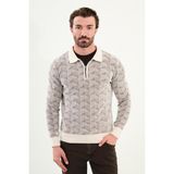 Desenli Slim Fit Fermuarlı Polo Yaka Şönil Kumaş Erkek Triko Kazak - Ekru