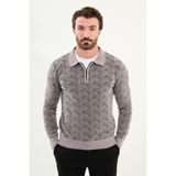 Desenli Slim Fit Fermuarlı Polo Yaka Şönil Kumaş Erkek Triko Kazak - Gri - XL