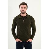 Desenli Slim Fit Fermuarlı Polo Yaka Şönil Kumaş Erkek Triko Kazak - Haki - 2XL