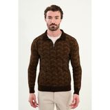 Desenli Slim Fit Fermuarlı Polo Yaka Şönil Kumaş Erkek Triko Kazak - Kahverengi