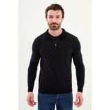 Desenli Slim Fit Fermuarlı Polo Yaka Şönil Kumaş Erkek Triko Kazak - Lacivert