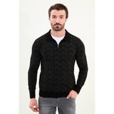 Desenli Slim Fit Fermuarlı Polo Yaka Şönil Kumaş Erkek Triko Kazak - Siyah - 2XL